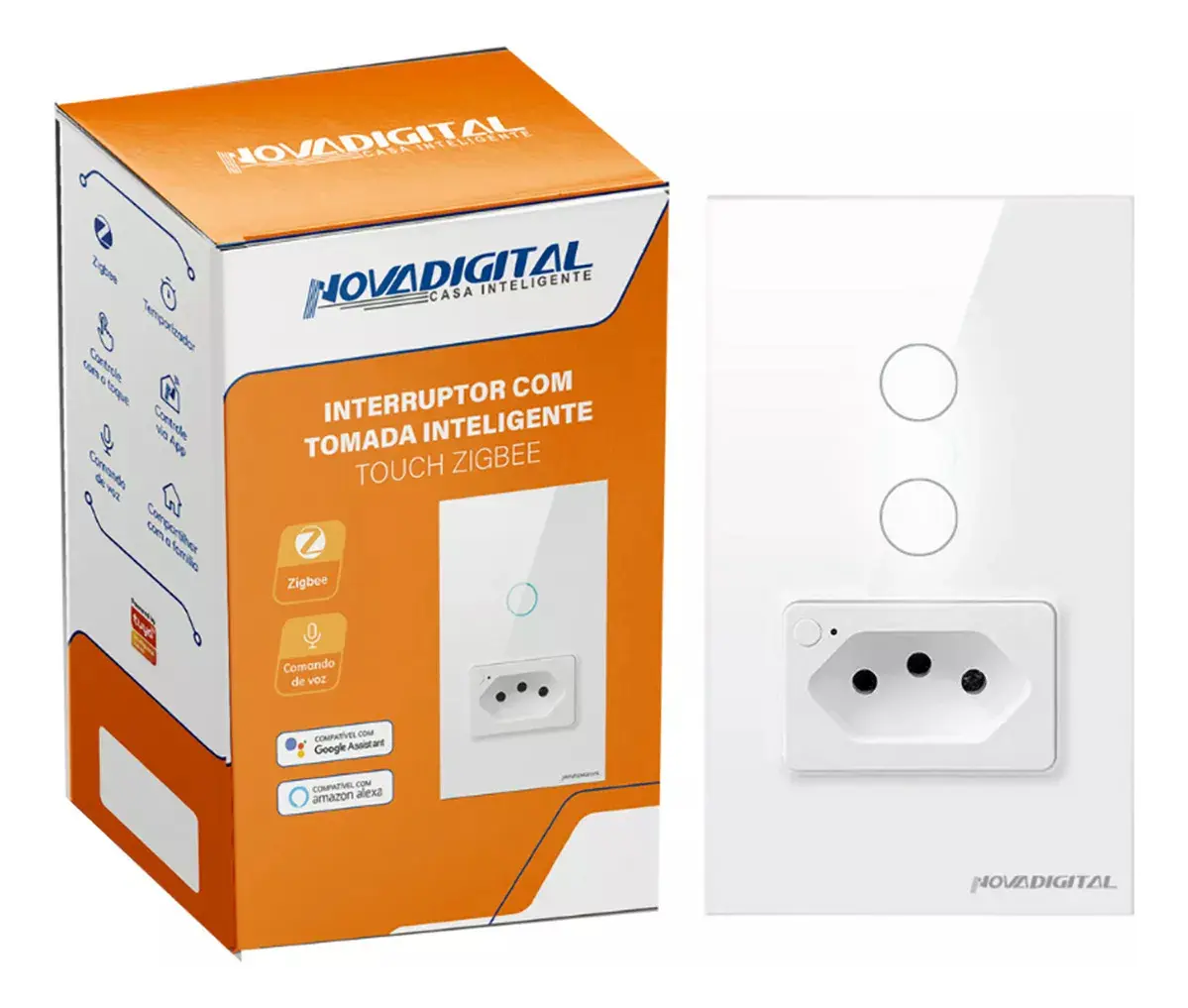 Interruptor Touch Zigbee Branco 2 Botões + 1 Tomada 20A