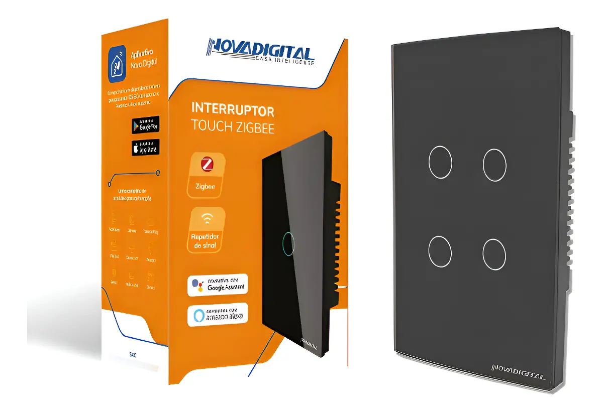 Interruptor Touch Zigbee Preto 4 Botões