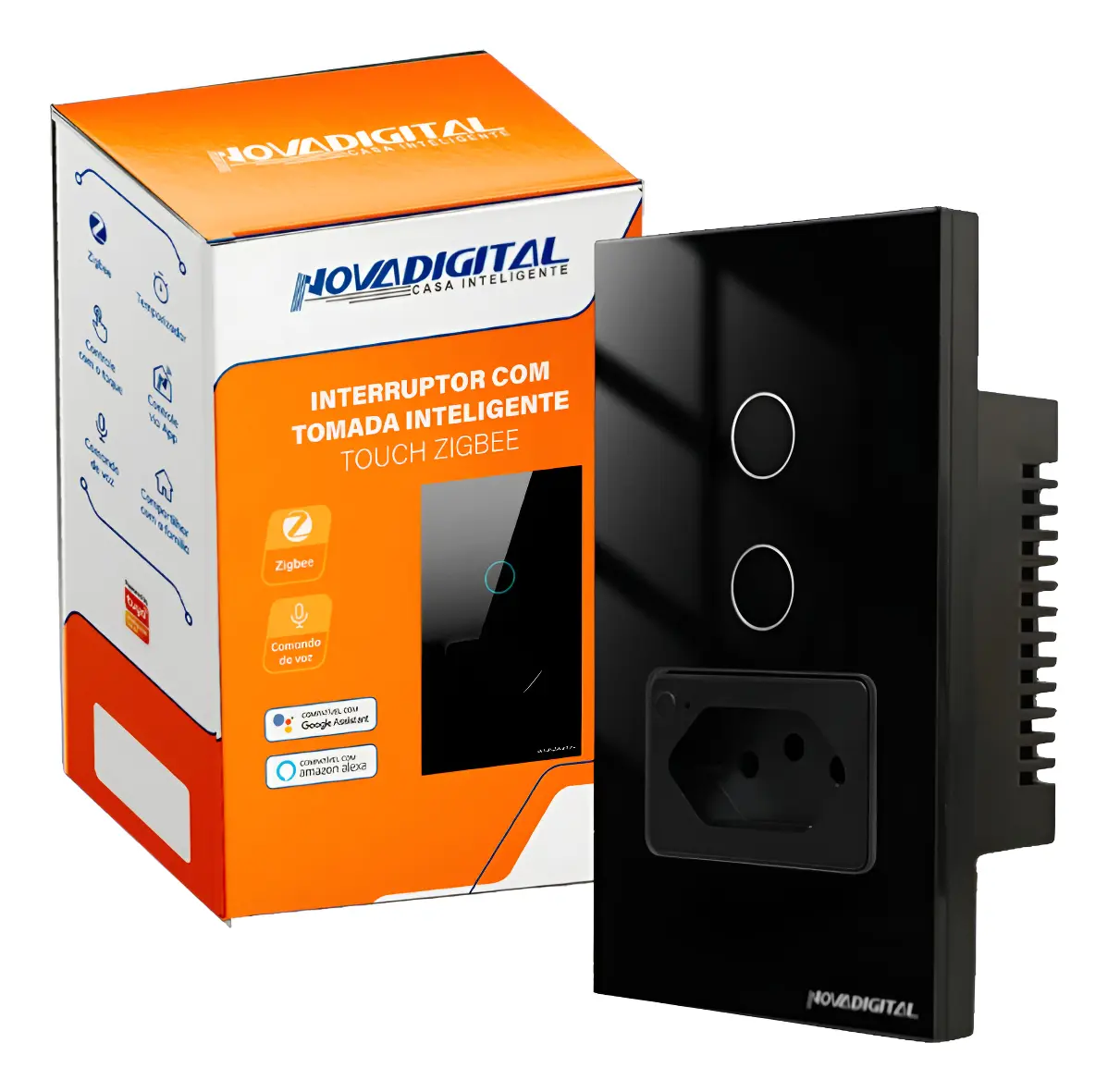 Interruptor Touch Zigbee Preto 2 Botões + 1 Tomada 20A