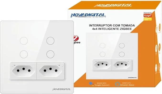 Interruptor Touch Zigbee Branco 4 Botões + 2 Tomadas