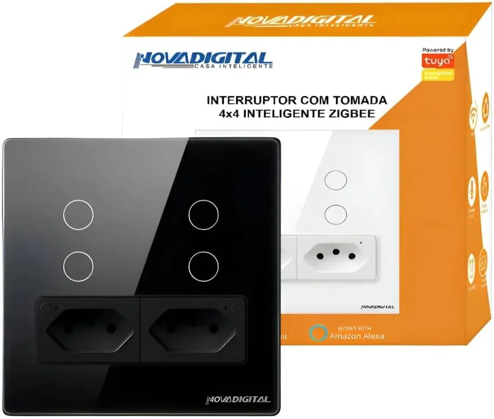 Interruptor Touch Zigbee Preto 4 Botões + 2 Tomadas