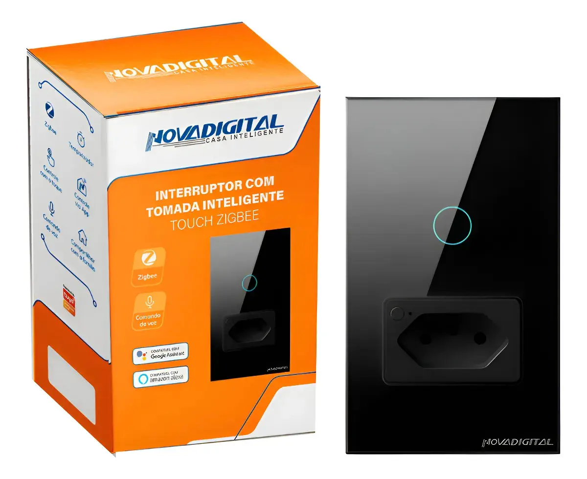 Interruptor Touch Zigbee Preto 1 Botão + 1 Tomada 20A