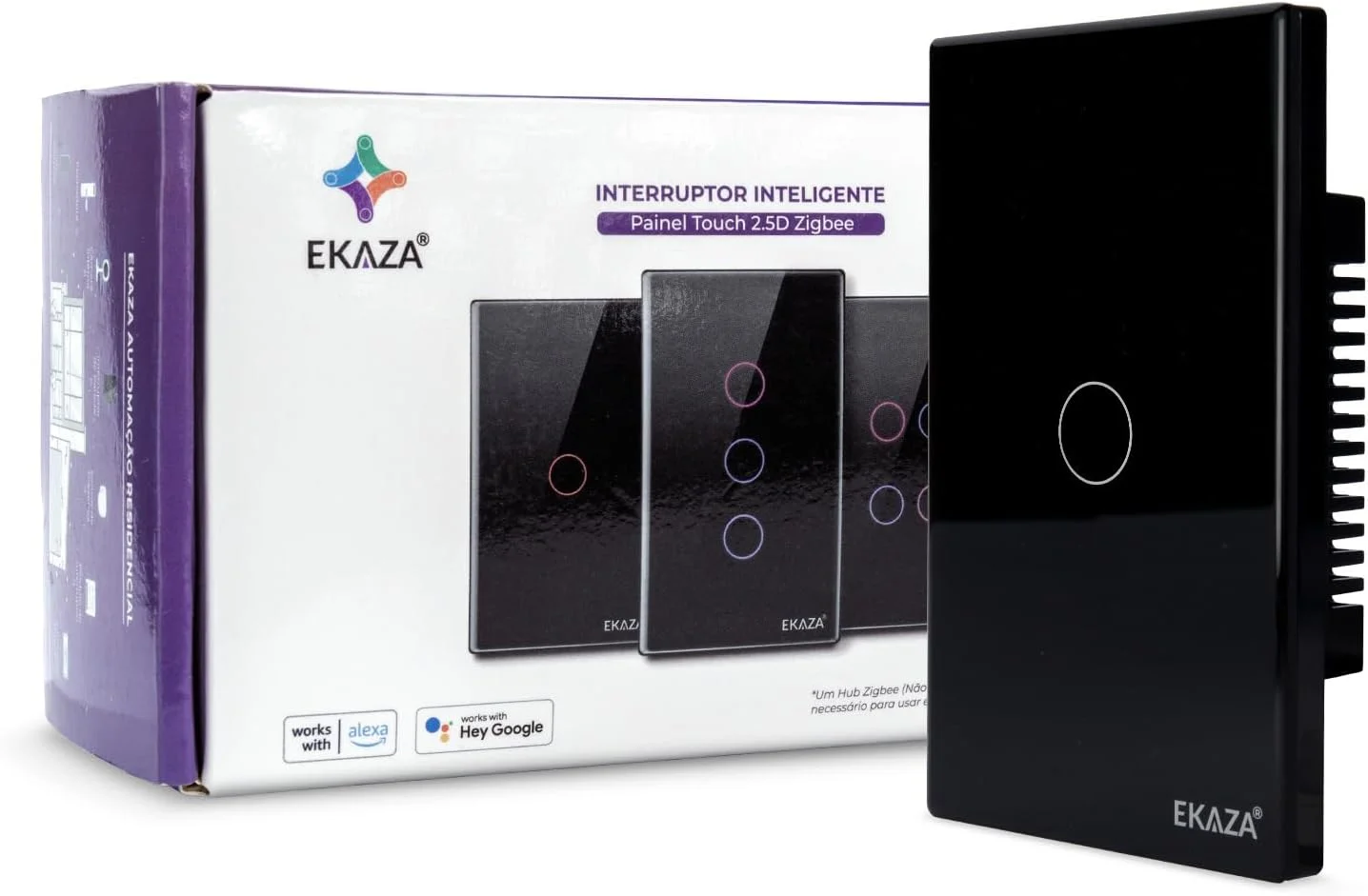 Interruptor Inteligente Ekaza Touch 2.5D 4x2 Zigbee 3.0 1 Tecla Preto