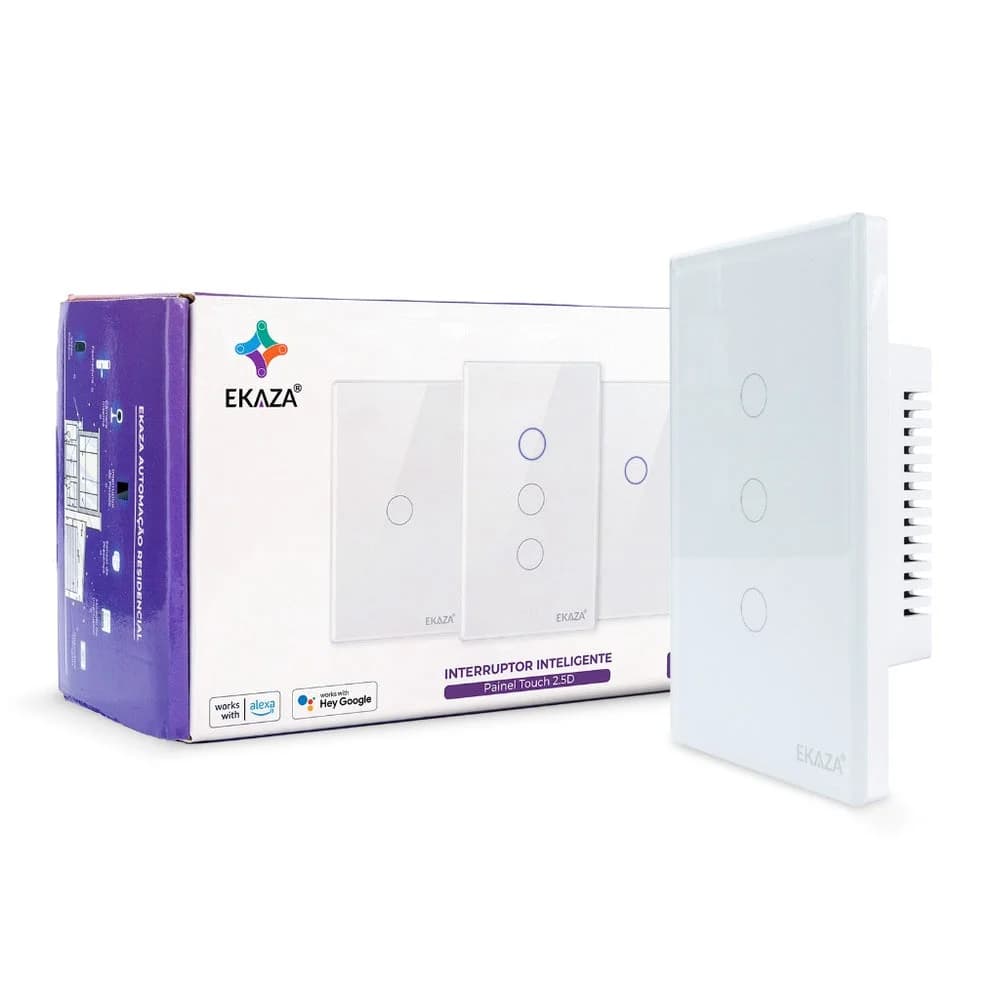 Interruptor Inteligente Ekaza Touch 2.5D 4x2 Wi-Fi + BLE 3 Teclas Branco