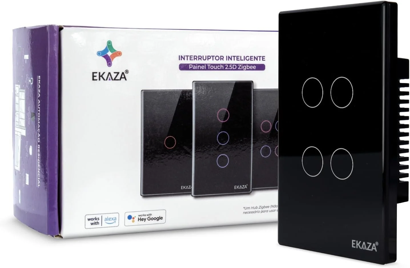 Interruptor Inteligente Ekaza Touch 2.5D 4x2 Zigbee 3.0 3 Teclas Preto