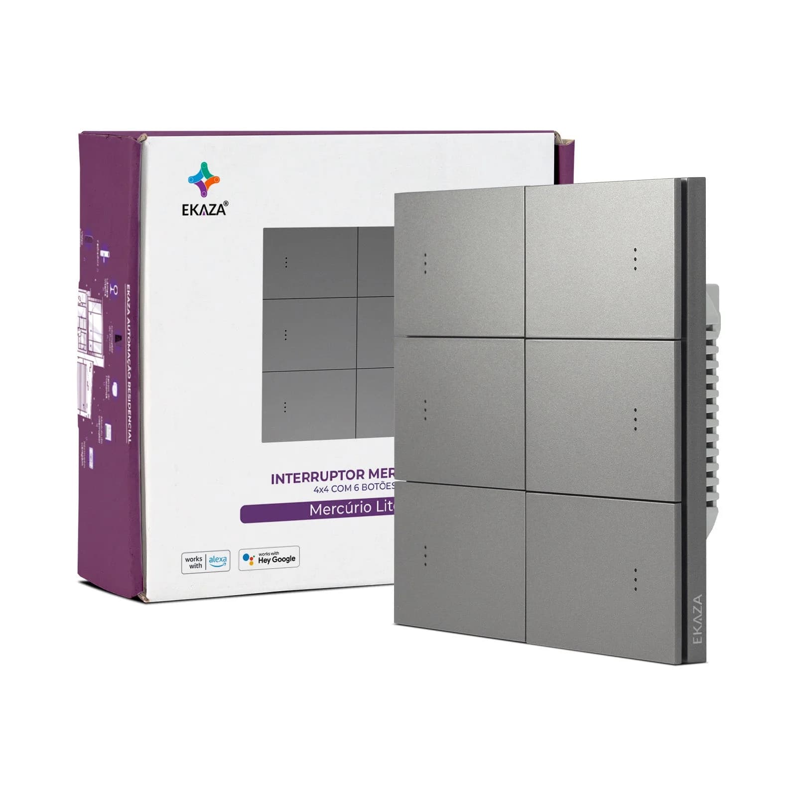 Interruptor Inteligente EKAZA Mercúrio Lite 4x4 6 Botões Cinza Zigbee 3.0