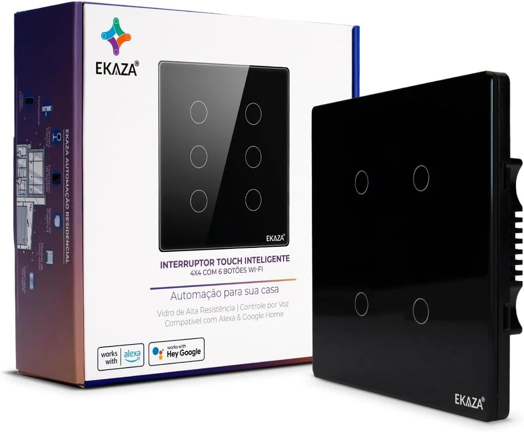 Interruptor Inteligente Ekaza Touch 2.5D 4x4 Wi-Fi + BLE 4 Teclas Preto