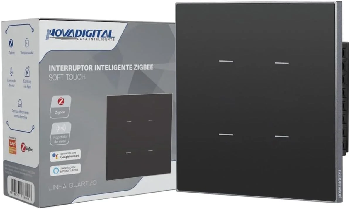 Interruptor Inteligente Zigbee Quartzo Soft Touch 4x4 4 Botões Preto