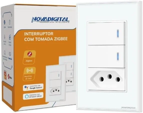 Interruptor Inteligente Zigbee Tecla Física Branco 2 Botões + 1 Tomada