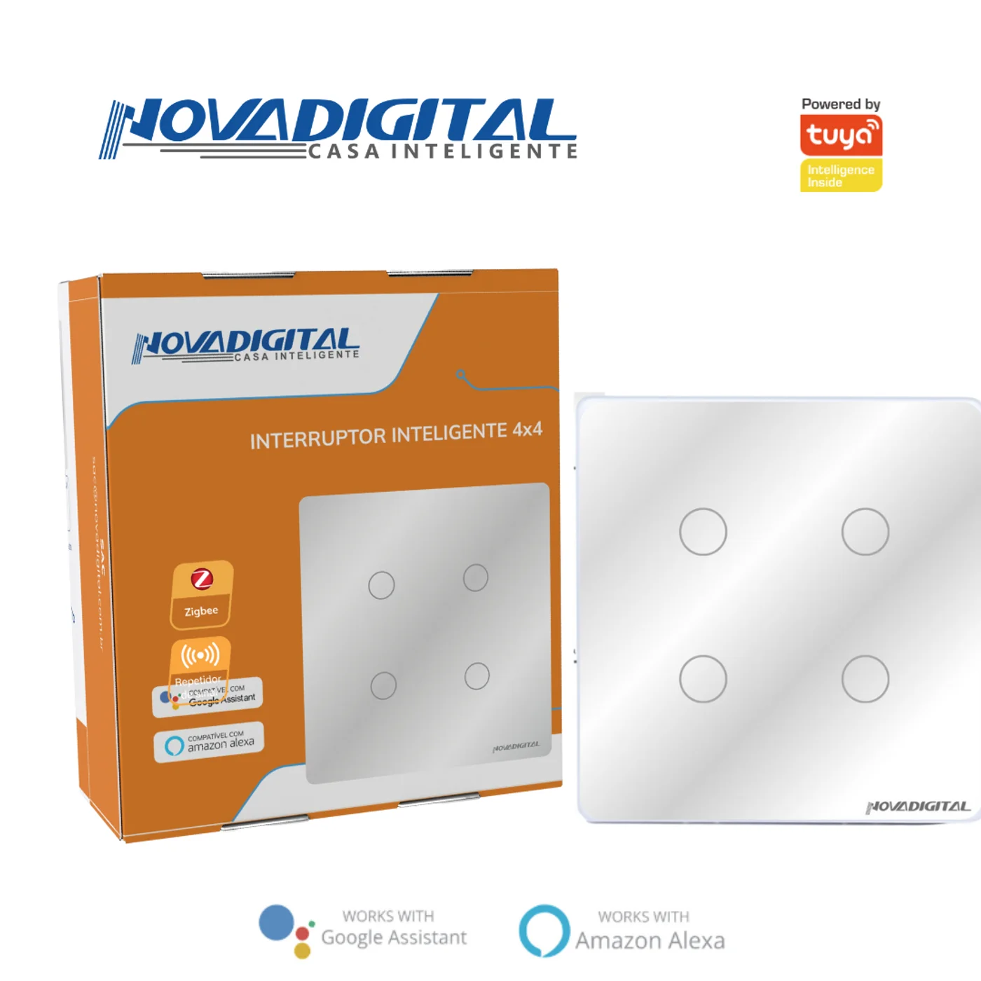 Interruptor Touch Alto Relevo Zigbee 4 Botões 4x4 Branco
