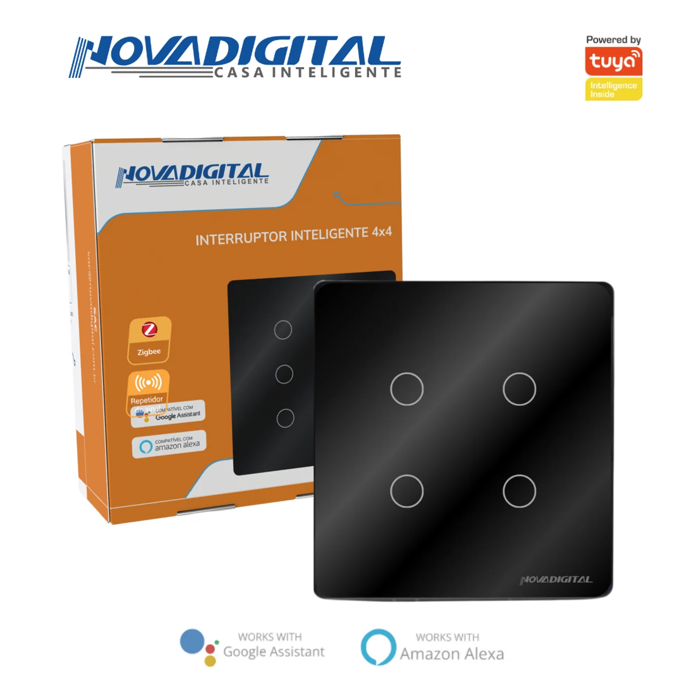 Interruptor Touch Alto Relevo Zigbee 4 Botões 4x4 Preto