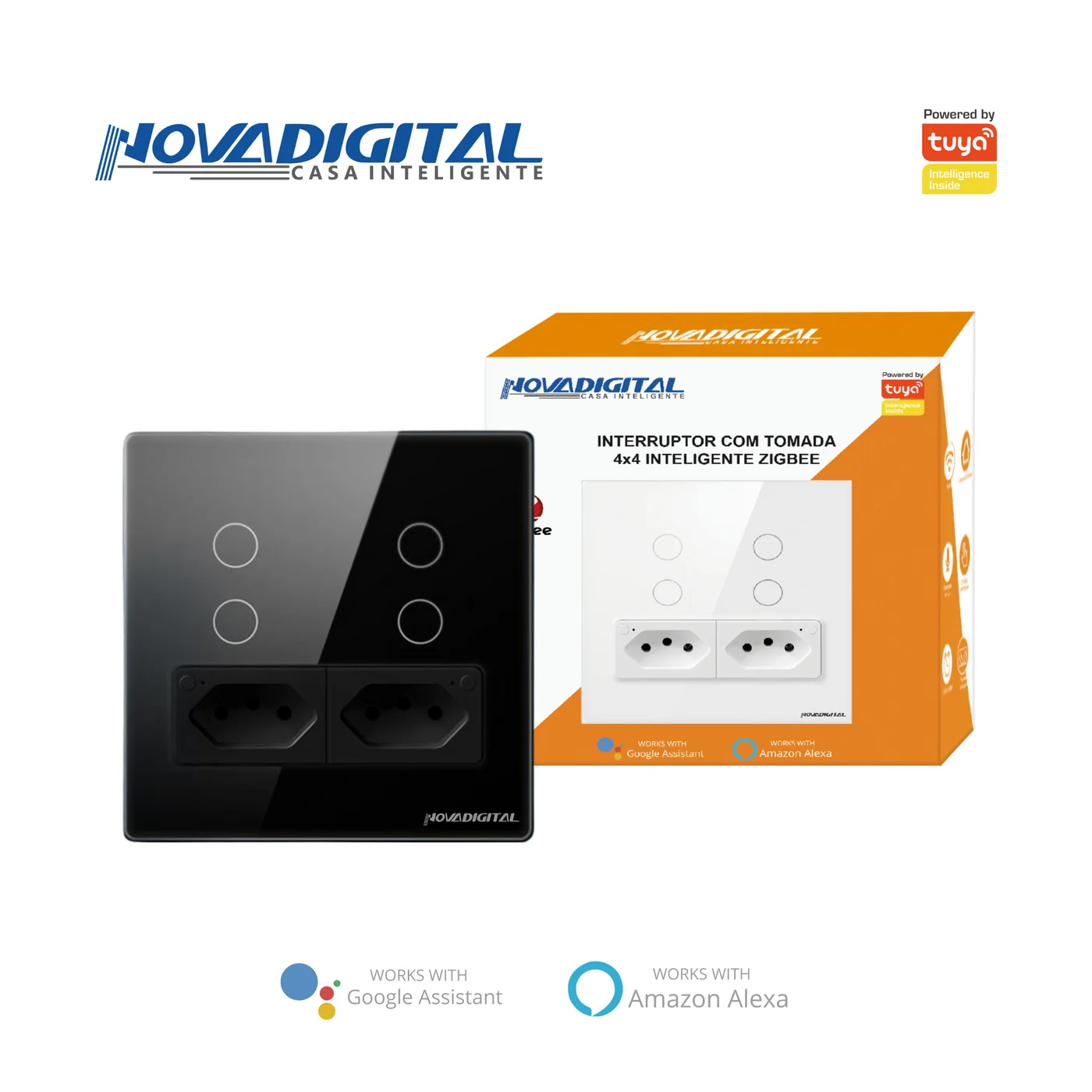 Interruptor Touch Alto Relevo Zigbee Preto 4 Botões + 2 Tomadas 4x4