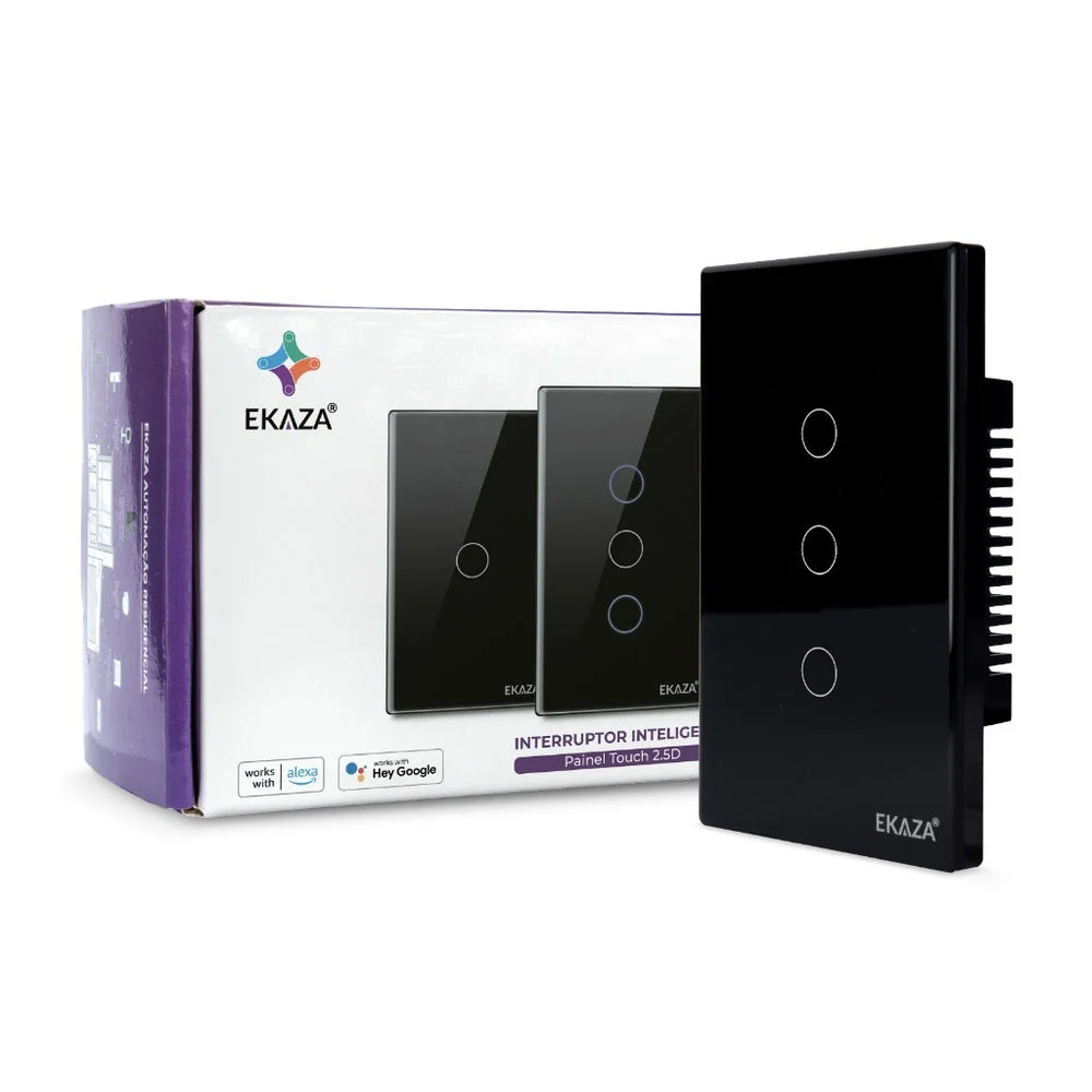 Interruptor Inteligente Ekaza Touch 2.5D 4x2 Wi-Fi + BLE 3 Teclas Preto
