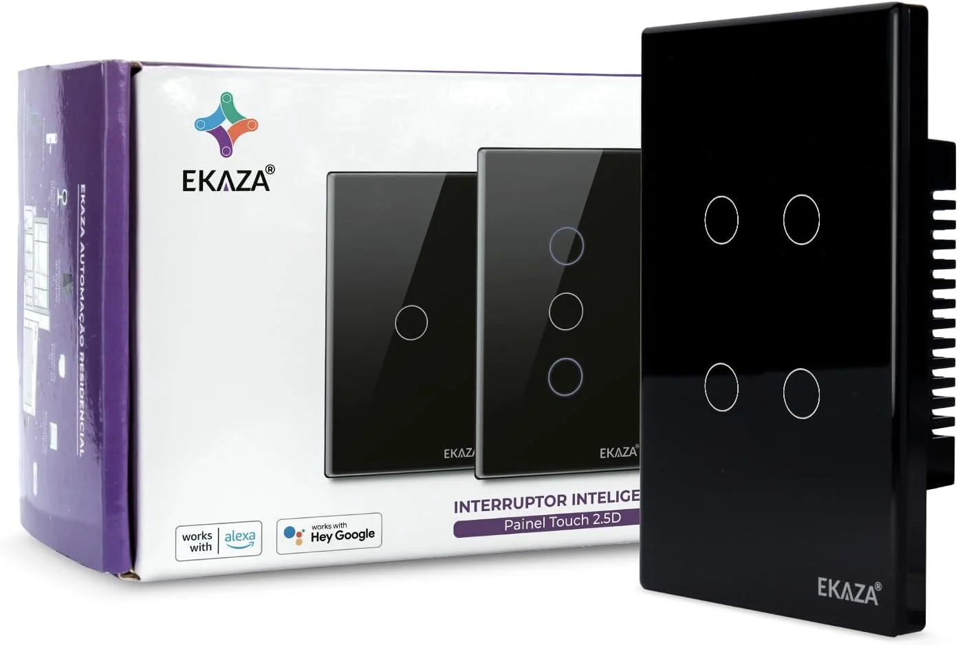 Interruptor Inteligente Ekaza Touch 2.5D 4x2 Wi-Fi + BLE 4 Teclas Preto