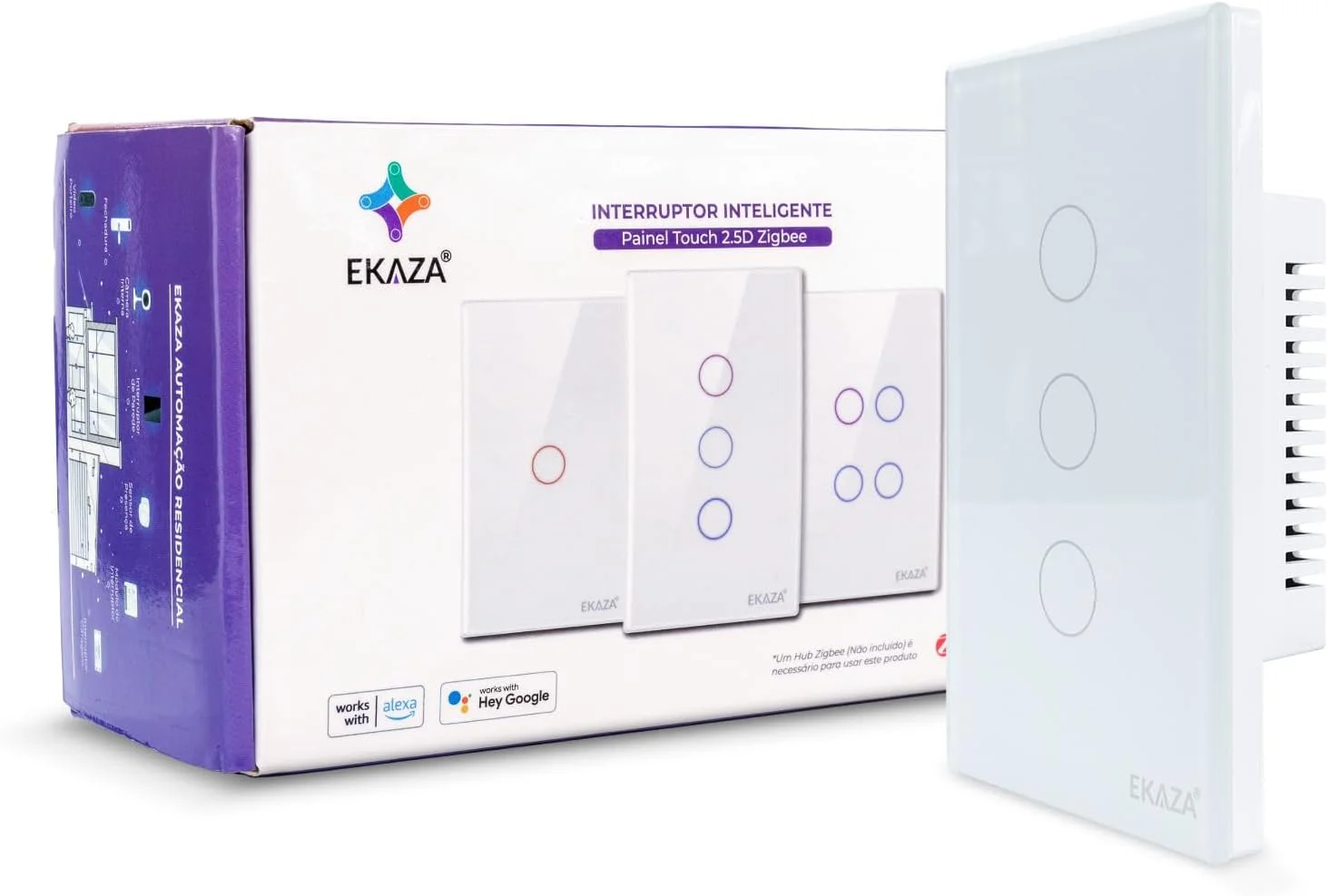 Interruptor Inteligente Ekaza Touch 2.5D 4x2 Zigbee 3.0 3 Teclas Branco