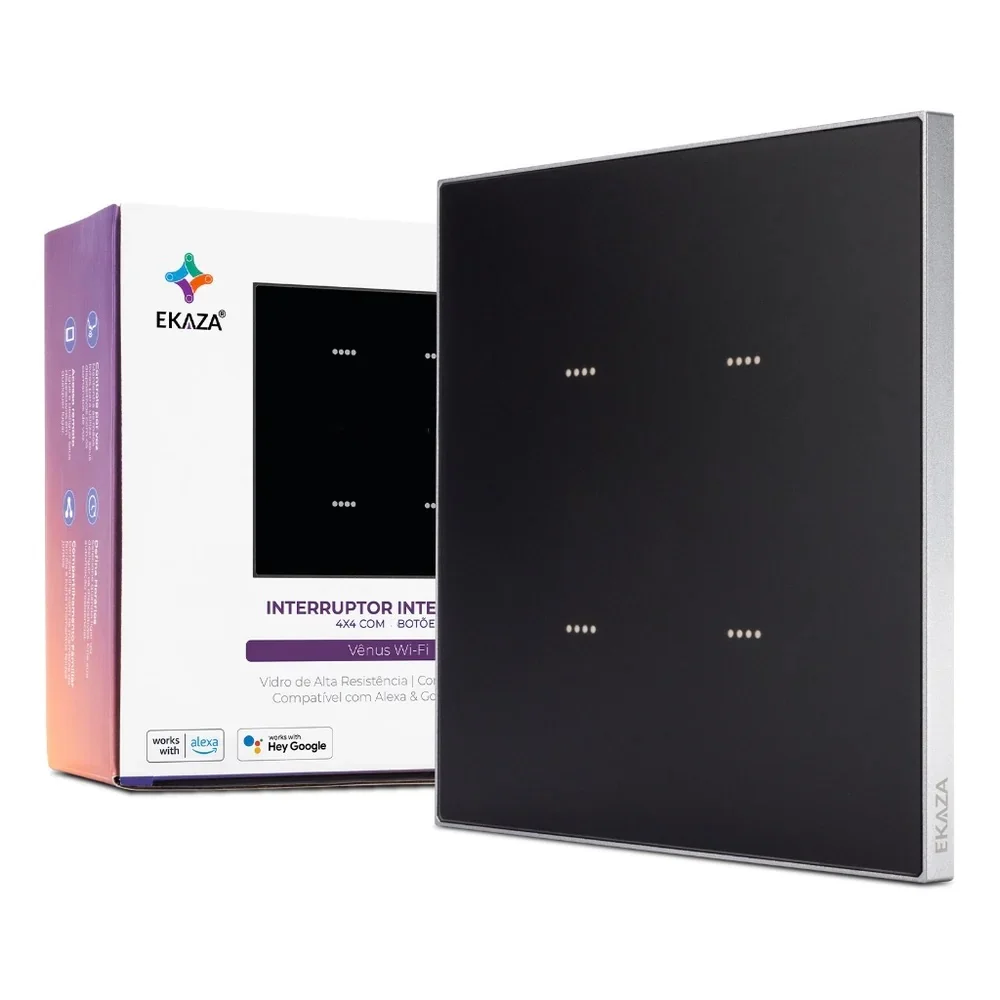 Interruptor Inteligente Ekaza Vênus 4x4 Wi-Fi + BLE 4 Teclas Preto