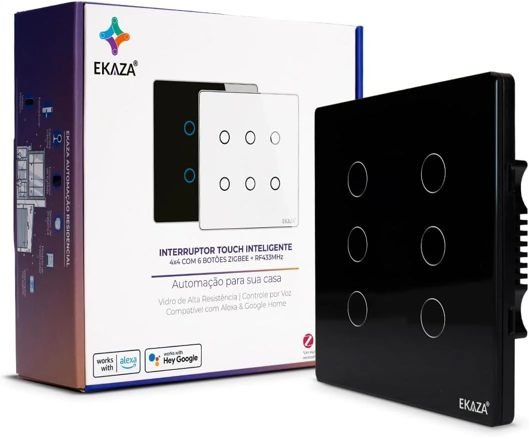 Interruptor Inteligente Ekaza Touch 2.5D 4x4 Zigbee 3.0 6 Teclas Preto
