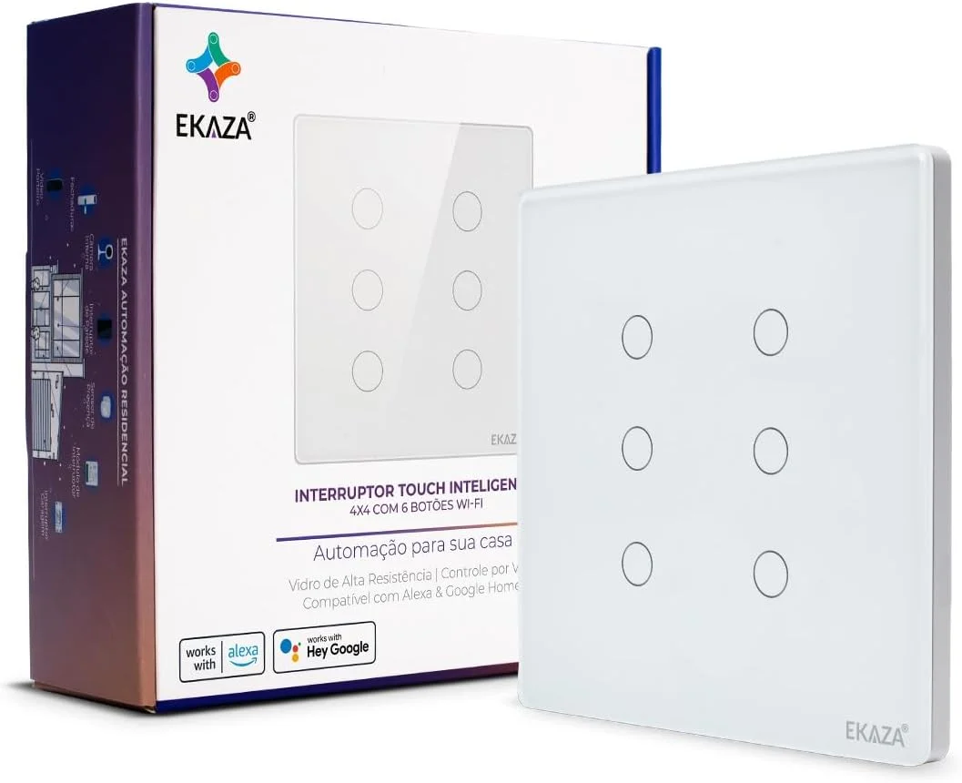 Interruptor Inteligente Ekaza Touch 2.5D 4x4 Wi-Fi + BLE 6 Teclas Branco
