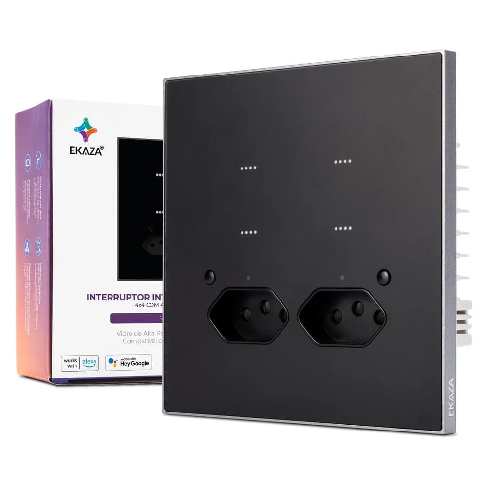 Interruptor Inteligente EKAZA Vênus 4x4 4 Botões + 2 Tomadas Wi‑Fi Preto