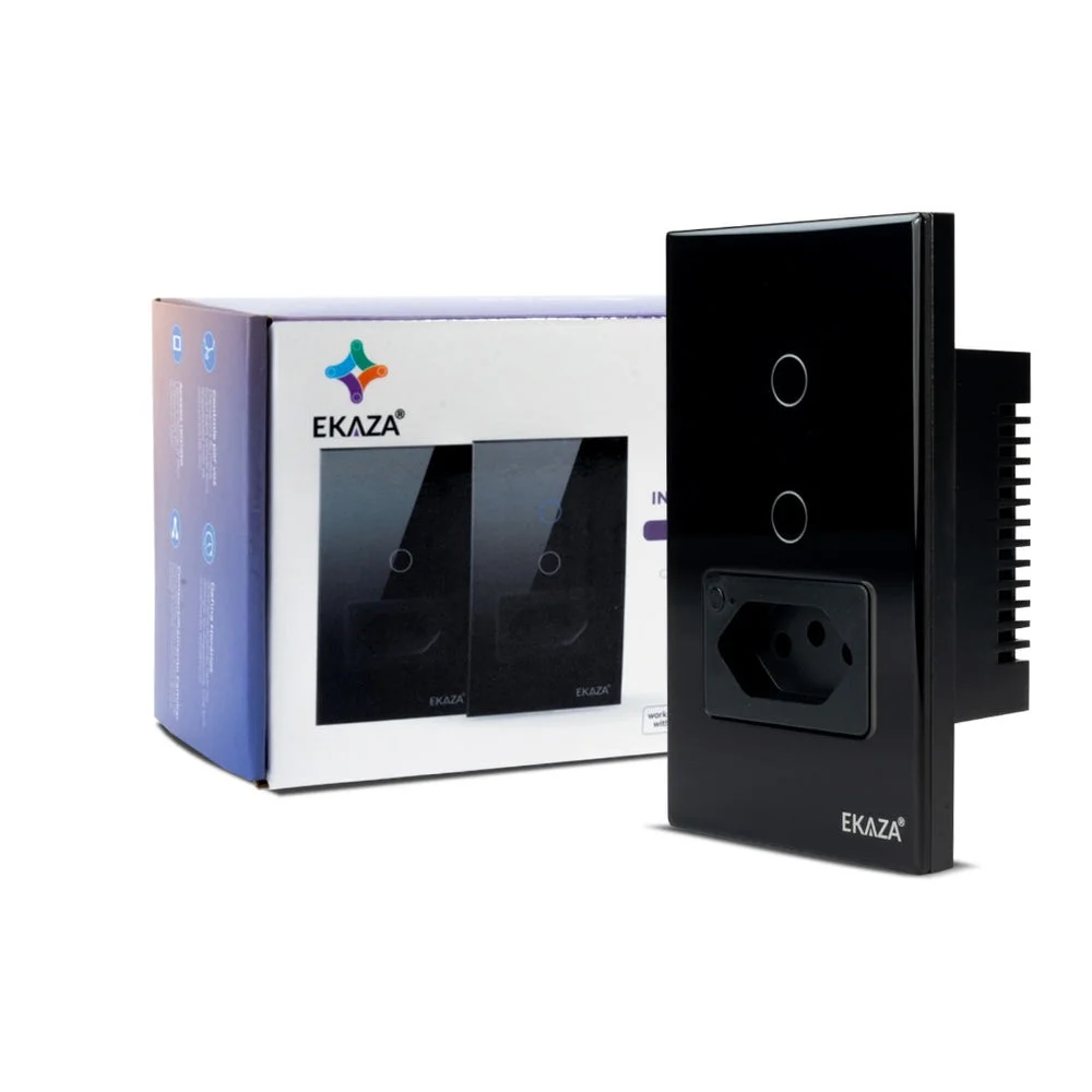 Interruptor Inteligente EKAZA Touch 2.5D 2 Botãoes + Tomada 20A Wi‑Fi Preto