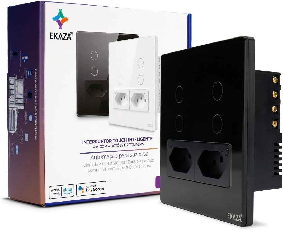 Interruptor Inteligente EKAZA Touch 2.5D 4x4 4 Botões + 2 Tomadas Zigbee + RF Preto